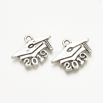Tibetan Style Alloy Pendants, Doctoral Cap with Birth Year 2019, Cadmium Free & Lead Free, Antique Silver, 15x20x1.5mm, Hole: 2mm(X-TIBE-Q072-26AS-RS)