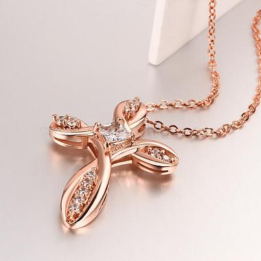 Real Rose Gold Plated Brass Cubic Zirconia Cross Pendant Necklaces(NJEW-BB05740-RG)-3