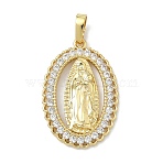 Brass Micro Pave Clear Cubic Zirconia Pendants, Oval with Virgin Mary Charms, Cadmium Free & Lead Free, Long-Lasting Plated, Rack Plating, Real 18K Gold Plated, 26.5x17.5x3mm, Hole: 5x3.5mm(KK-G548-16G)