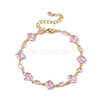 Brass Link Chain Bracelets, with Cubic Zirconia and Glass, Nickel Free, Real 18K Gold Plated, 6-1/2 inch(16.5cm)(BJEW-D378-07G)