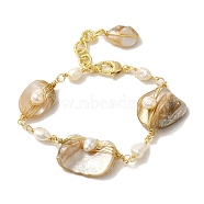 Natural Pearl & Shell Link Bracelets, Brass Wire Wrapped Bracelet, Real 14K Gold Plated, 6-7/8 inch(17.6cm)(BJEW-C051-01G)