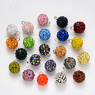 Polymer Clay Rhinestone Charms, with Platinum Plated Iron Loop, Round, Pave Disco Ball, Colorful, PP16(2.2~2.3mm), 15x12mm, Hole: 2mm(RB-N051-07)