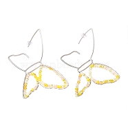 Butterfly Glass Beads Dangle Earrings for Girl Women, Brass Wire Wrapped Earrings, Platinum, Yellow, 72x78x3mm, Pin: 0.8mm(EJEW-JE04658-02)