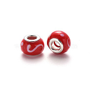 Handmade Lampwork European Beads, Large Hole Rondelle Beads, with Platinum Tone Brass Double Cores, Red, 14~15x9~10mm, Hole: 5mm(LPDL-N001-033-B02)
