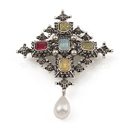 Alloy Rhinestone Brooch for Clothes Backpack, with Imitation Pearl & Acrylic, Rhombus, Antique Silver, 75x60x13.5mm(JEWB-Q030-55AS)