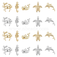 20Pcs 10 Style Rack Plating Alloy Charms, Cadmium Free & Lead Free, Crab & Sea Horse & Whale & Sea Turtle & Dolphin, Platinum & Light Gold, 9~21x8.5~19x4~6mm, Hole: 1.5~1.8mm, 2pcs/style(FIND-FH0007-48)