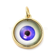 Real 18K Gold Plated Brass Pendants, with Acrylic and Jump Ring, Flat Round with Evil Eye Charms, Mauve, 16x14x5.5mm, Hole: 3.4mm(KK-A198-03G-02)