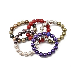 Round Shell Pearl Beads Stretchy Bracelets for Women, with Rhinestone Bead, Mixed Color, Inner Diameter: 2 inch(5.05cm)(BJEW-XCP0002-07)