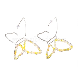 Butterfly Glass Beads Dangle Earrings for Girl Women, Brass Wire Wrapped Earrings, Platinum, Yellow, 72x78x3mm, Pin: 0.8mm(EJEW-JE04658-02)