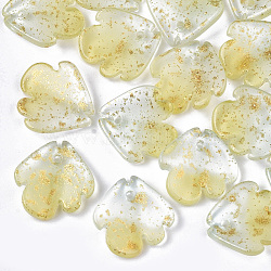 Two Tone Transparent Spray Painted Glass Charms, with Glitter Powder, Frosted, Flower, Light Yellow, 15x15x4mm, Hole: 1.2mm(GLAA-T017-05-B06)