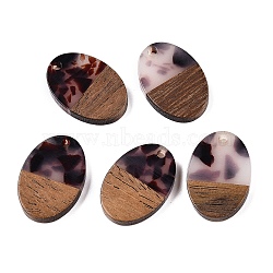 Transparent Resin and Walnut Wood Pendants, Oval Charms with Gold Foil, Coconut Brown, 23x15.5x3.5mm, Hole: 2mm(RESI-T057-04B)