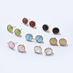 Brass Stud Earring Findings, with Loop, Long-Lasting Plated, with Glass, Faceted, Flat Round, Light Gold, Mixed Color, 18x14mm, Hole: 2mm, Pin: 0.7mm(KK-G344-A)
