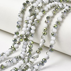 Electroplate Opaque Glass Beads Strands, Half Green Plated, Faceted, Rondelle, White, 4x3mm, Hole: 0.4mm, about 113~115pcs/strand, 41~42cm(EGLA-A034-P4mm-S18)