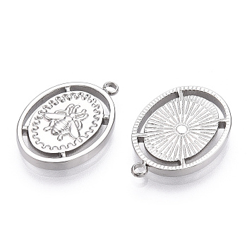 304 Stainless Steel Pendants,  Manual Polishing, Oval with Bees Charms, Stainless Steel Color, 18.5x13x2mm, Hole: 1.5mm