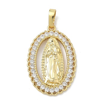 Brass Micro Pave Clear Cubic Zirconia Pendants, Oval with Virgin Mary Charms, Cadmium Free & Lead Free, Long-Lasting Plated, Rack Plating, Real 18K Gold Plated, 26.5x17.5x3mm, Hole: 5x3.5mm