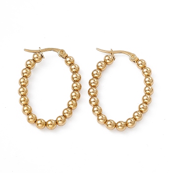 201 Stainless Steel Round Beaded Oval Hoop Earrings with 304 Stainless Steel Pins for Women, Golden, 33~33.5x23.5~24.5x4mm, Pin: 0.7~0.8x1~1.5mm