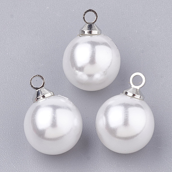 Eco-Friendly Plastic Imitation Pearl Pendants, with Brass Findings, High Luster, Grade A, Round, Platinum, White, 16x12mm, Hole: 1.6mm