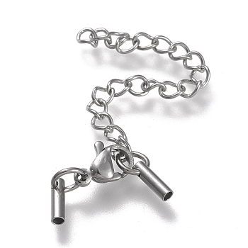 304 Stainless Steel Curb Chain Extender, with Cord Ends and Lobster Claw Clasps, Stainless Steel Color, Chain Extender: 53mm, Clasps: 9.5x6.5x3.5mm, Cord Ends: 7x2mm, 1.3mm inner diameter