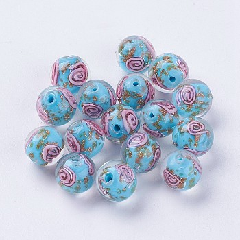 Handmade Lampwork Beads, Inner Flower, Round, Light Sky Blue, 11.5~12mm, Hole: 2mm