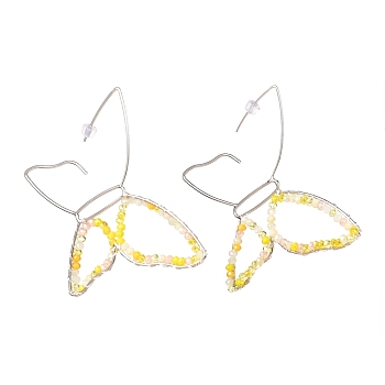 Butterfly Glass Beads Dangle Earrings for Girl Women, Brass Wire Wrapped Earrings, Platinum, Yellow, 72x78x3mm, Pin: 0.8mm