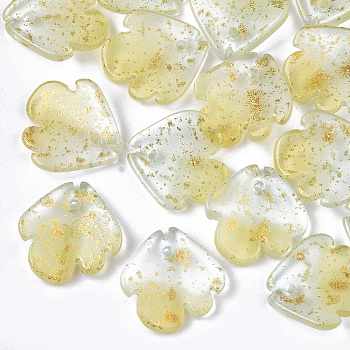 Two Tone Transparent Spray Painted Glass Charms, with Glitter Powder, Frosted, Flower, Light Yellow, 15x15x4mm, Hole: 1.2mm