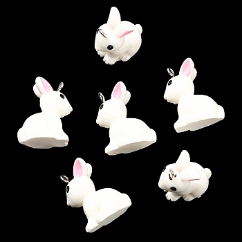 Opaque Resin Pendants, 3D Rabbit Charms with Platinum Tone Iron Loops, Linen, 24.5x13x19mm, Hole: 2mm