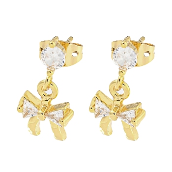 Brass Micro Pave Cubic Zirconia Stud Earrings, Bowknot, Real 18K Gold Plated, 16.5x8.5mm