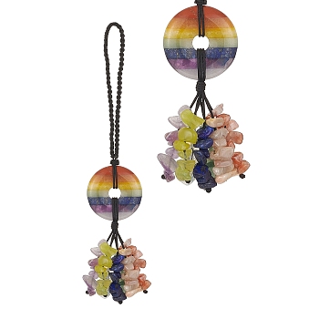 Chakra Natural Mixed Gemstone Pendant Decorations, with Nylon Braided Strap and Gemstone Chip Tassel Hanging Ornaments, 153mm