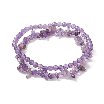 Chip & Round Natural Amethyst Beaded Stretch Bracelets for Women, Inner Diameter: 1-7/8~2-1/8 inch(4.7~5.5cm), 2pcs/set