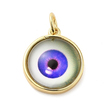 Real 18K Gold Plated Brass Pendants, with Acrylic and Jump Ring, Flat Round with Evil Eye Charms, Mauve, 16x14x5.5mm, Hole: 3.4mm