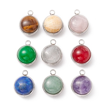 Natural Mixed Stone Pendants, with 304 Stainless Steel Findings, Half Round, Stainless Steel Color, 18x14x10.5mm, Hole: 2.5mm