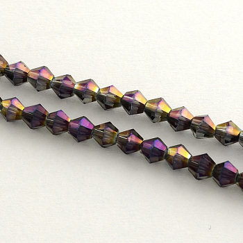Electroplate Glass Bead Strands, Rainbow Plated, Faceted Bicone, Purple, 4x4.5mm, Hole: 1mm, 92~96pcs/strand, 13.78~14.37 inch