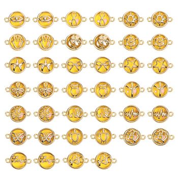 Glass Links Connectors, with Light Gold Plated Alloy Findings, Flat Round with Mixed Shapes, Goldenrod, 40pcs/box