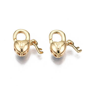 Brass Lobster Claw Clasps, Nickel Free, Heart with Key, Real 18K Gold Plated, 10.5x8x4.5mm, Hole: 1mm