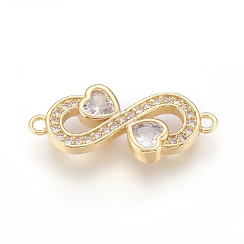 Brass Micro Pave Cubic Zirconia Links, Infinity with Heart, Clear, Real 18K Gold Plated, 9x23.5x2.5mm, Hole: 1.2mm