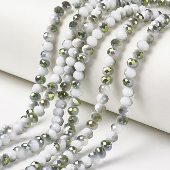 Electroplate Opaque Glass Beads Strands, Half Green Plated, Faceted, Rondelle, White, 4x3mm, Hole: 0.4mm, about 113~115pcs/strand, 41~42cm