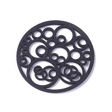 Wood Filigree Joiners Links, Dyed, Flat Round, Black, 50x1.5mm(X-WOOD-P014-B06)