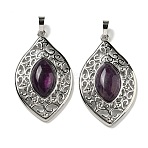 Natural Amethyst Pendants, Rack Plating Brass Hollow Horse Eye Charms, Cadmium Free & Lead Free, Platinum, 48x28.5x8.5mm, Hole: 7.5x5mm(G-Q158-02E)