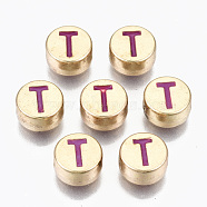 Alloy Enamel Beads, Cadmium Free & Lead Free, Flat Round with Initial Letters, Light Gold, Orchid, Letter.T, 8x4mm, Hole: 1.5mm(X-ENAM-S122-029T-RS)