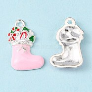 Alloy Enamel Pendants, Cadmium Free & Lead Free, Christmas Stockings for Holiday Jewelry Making, Silver Color Plated, Pink, 23x14x2.5mm, Hole: 2mm(ENAM-C1420-6)