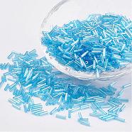 Glass Bugle Beads, Transparent Colours Rainbow, Cyan, 5x2mm, Hole: 0.5mm, about 16000pcs/bag(SEED-E001-5mm-163)