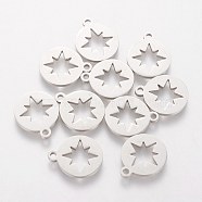 201 Stainless Steel Charms, Flat Round with Hollow Star, Stainless Steel Color, 14x12x1.2mm, Hole: 1.5mm(STAS-S105-T059)