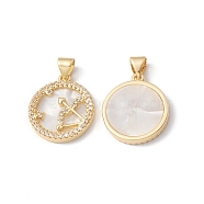 Rack Plating Brass Shell Pendants, with Cubic Zirconia & Natural Shell, Flat Round with Constellation Charms, Cadmium Free & Lead Free, Long-Lasting Plated, Real 18K Gold Plated, Sagittarius, 19x16x3mm, Hole: 4x3.5mm(KK-D087-25G-01)