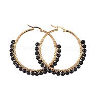 Beaded Hoop Earrings, with Natural Black Agate Beads, Golden Plated 304 Stainless Steel Hoop Earrings, 50mm, Pin: 0.6x1mm(EJEW-JE03830-04)