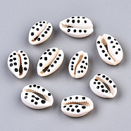 Natural Cowrie Shell Beads, with Enamel Polka Dot Pattern, No Hole/Undrilled, White, 16~19x10~12.5x7mm(SHEL-Q312-006A)