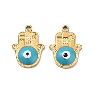 Ion Plating(IP) 316 Stainless Steel Enamel Pendants, Hamsa Hand with Evil Eye Charm, Real 18K Gold Plated, Deep Sky Blue, 17.5x13x3mm, Hole: 1.4mm(STAS-U014-72G-02)