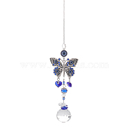 Glass Sphere Prism Suncatchers, Evil Eye Butterfly Pendant Decorations, with Alloy Finding, Iron Chain, Blue, 378mm(HJEW-WH0043-13)