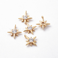Brass Cubic Zirconia Charms, Star, Clear, Nickel Free, Real 18K Gold Plated, 10.5~11x9~9.5
x2.5mm, Hole: 0.8mm(X-KK-S350-285)