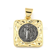 Rack Plating Brass Pendants, Cadmium Free & Lead Free, Real 18K Gold Plated, Long-Lasting Plated, Square with Saint Benedict San Benito Coin Charm, Gunmetal & Golden, 17.5x15x2mm, Hole: 3.2x4mm(KK-Z053-27G)