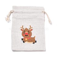 Christmas Cotton Cloth Storage Pouches, Rectangle Drawstring Bags, for Candy Gift Bags, Deer Pattern, 13.8x10x0.1cm(ABAG-M004-02L)